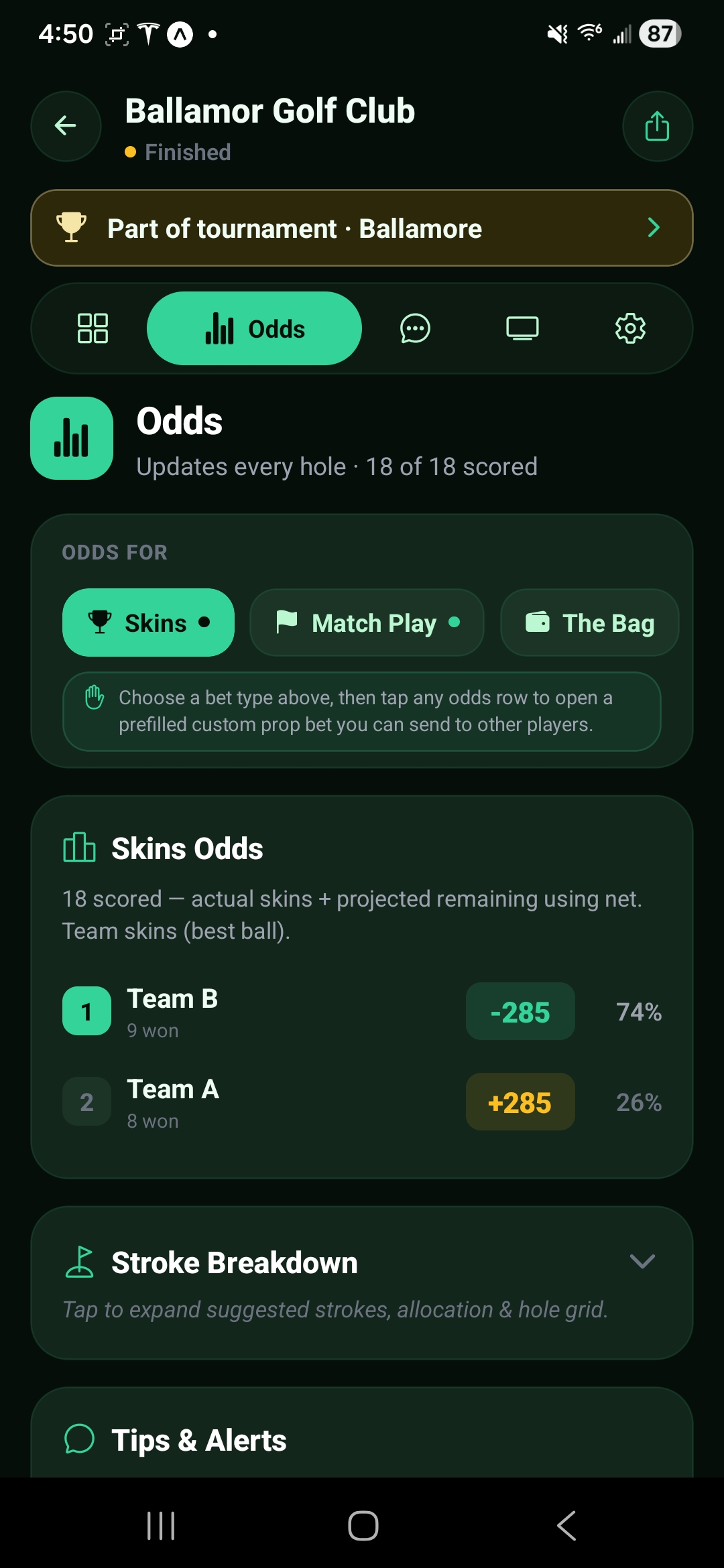 GolfBet odds tab showing Skins win probabilities